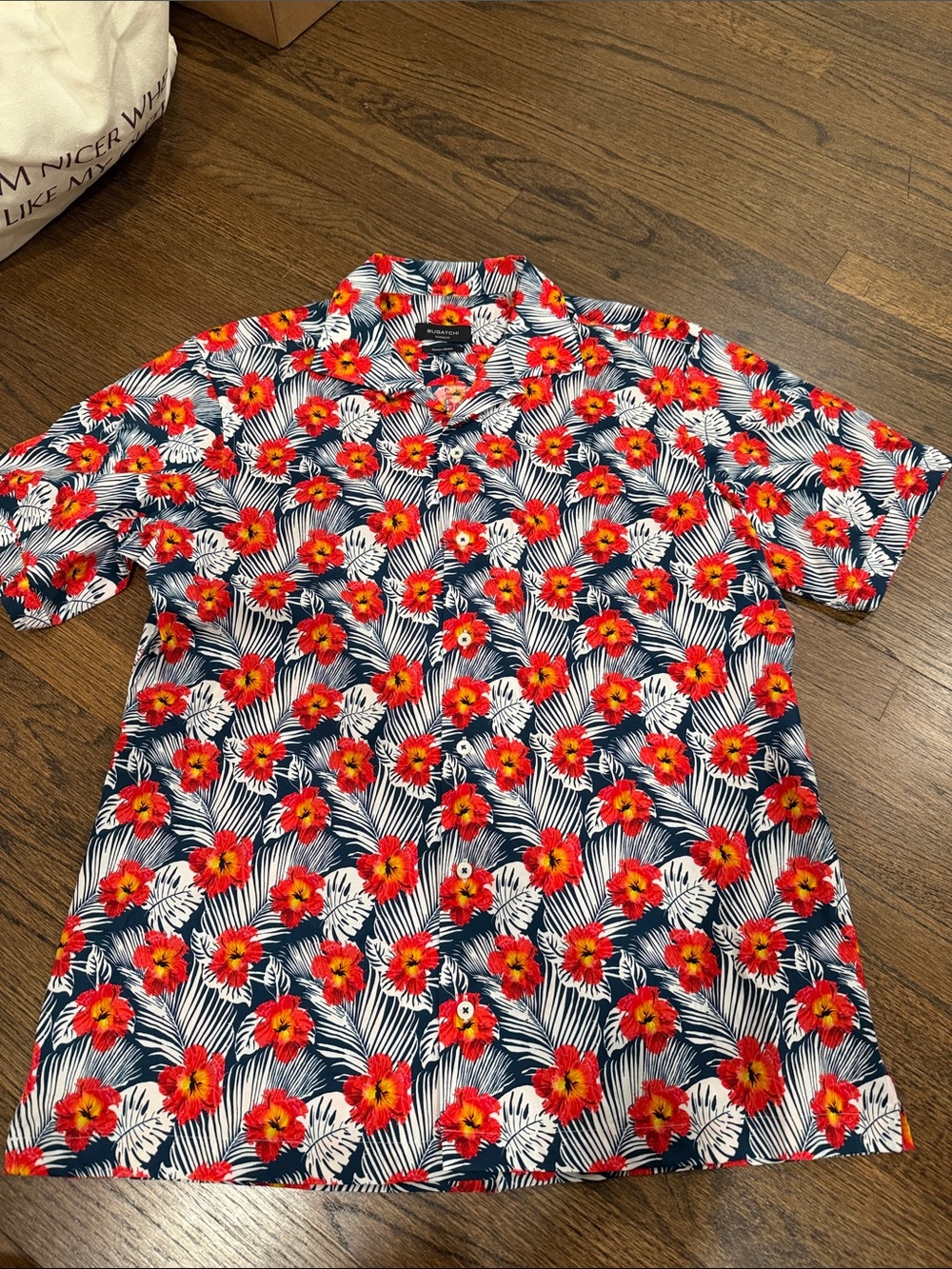 Bugatchi Red Floral Short Sleeve Button-Down Shirt on Navy